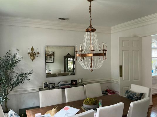 Dining room, Interior, Pendant Lights, Wood Texture Flooring