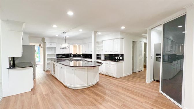 Interior, Kitchen, Pendant Lights, Recessed Lighting, Wood Texture Flooring