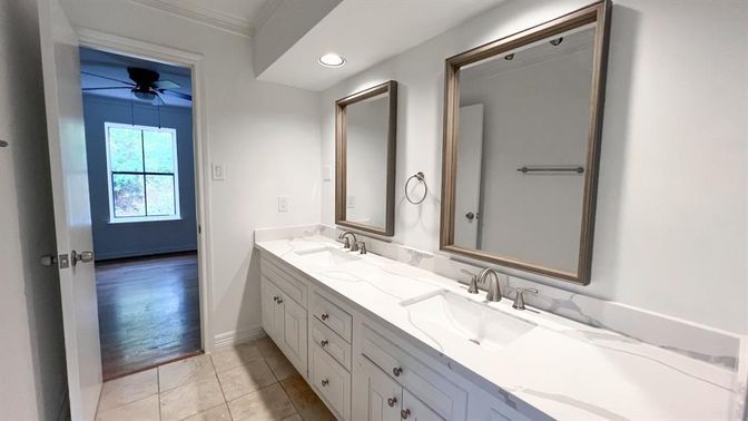 Bathroom, Dual Sink Vanities, Interior, Recessed Lighting, Wood Texture Flooring