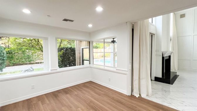 Empty room, Fireplace, Interior, Marble, Recessed Lighting, Wood Texture Flooring