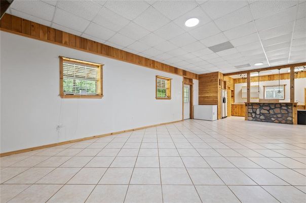 Empty room, Fireplace, Interior, Recessed Lighting, Wooden Walls