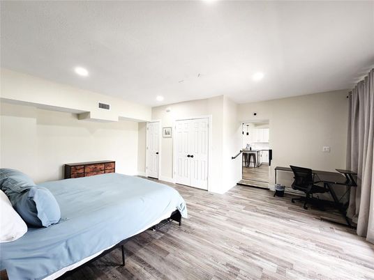 Bedroom, Interior, Recessed Lighting, Wood Texture Flooring