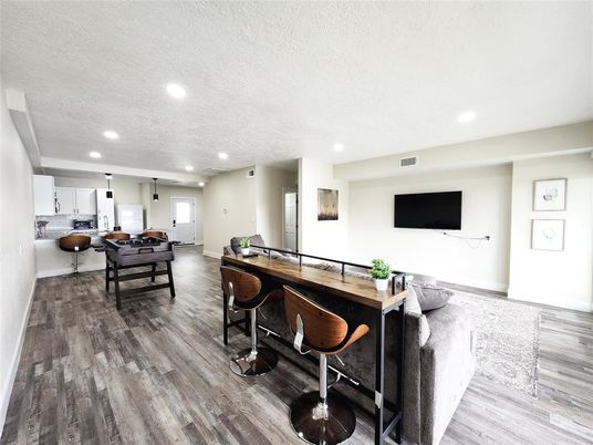 Dining room, Interior, Living room, Pendant Lights, Recessed Lighting, Wood Texture Flooring