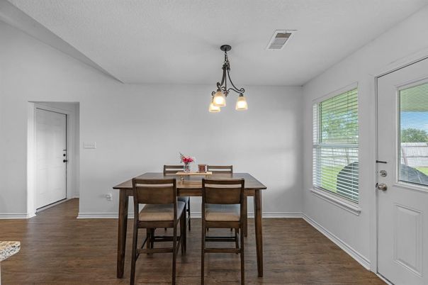 Dining room, Interior, Pendant Lights, Wood Texture Flooring