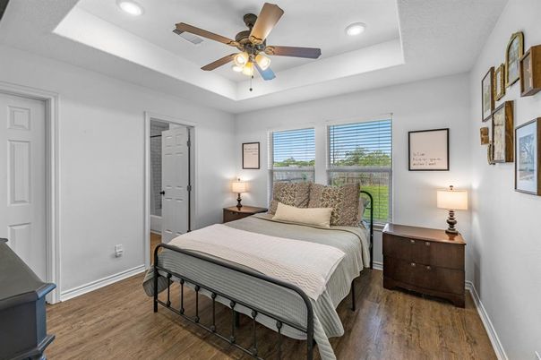 Bedroom, Interior, Recessed Lighting, Wood Texture Flooring