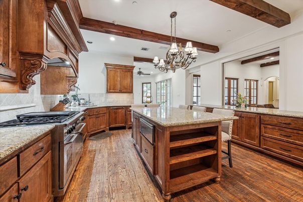 Chandelier, Interior, Kitchen, Recessed Lighting, Stainless Steel Appliances, Wooden Beams, Wood Texture Flooring