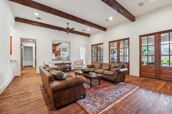 Interior, Living room, Recessed Lighting, Wooden Beams, Wood Texture Flooring
