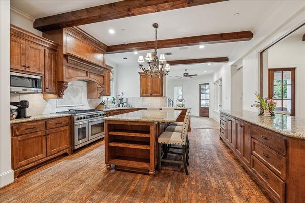 Chandelier, Interior, Kitchen, Recessed Lighting, Stainless Steel Appliances, Wooden Beams, Wood Texture Flooring