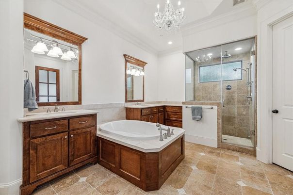 Bathroom, Chandelier, Dual Sink Vanities, Glass Shower, Interior, Recessed Lighting