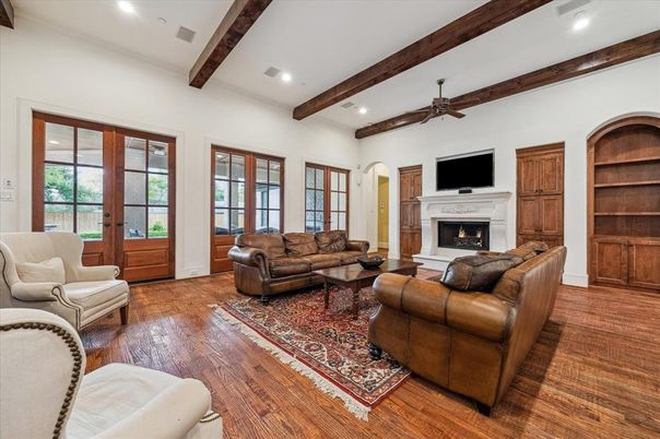 Fireplace, Interior, Living room, Recessed Lighting, Wooden Beams, Wood Texture Flooring