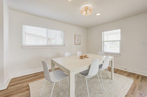 Dining room, Interior, Recessed Lighting, Wood Texture Flooring