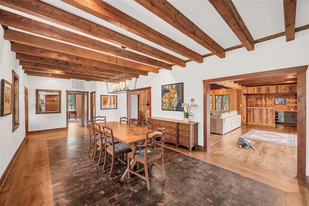 Dining room, Interior, Pendant Lights, Wooden Beams, Wood Texture Flooring