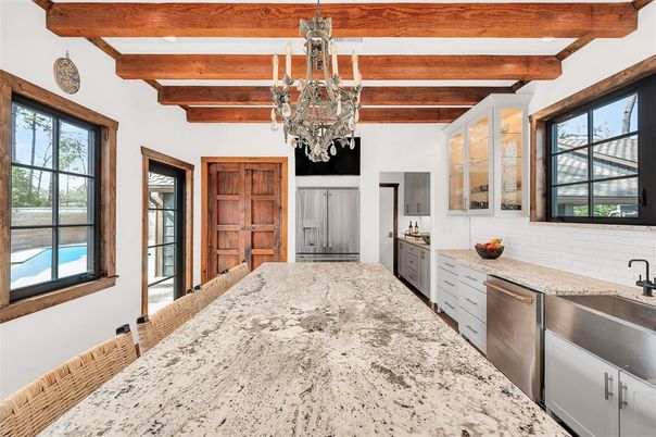 Chandelier, Interior, Kitchen, Stainless Steel Appliances, Wooden Beams