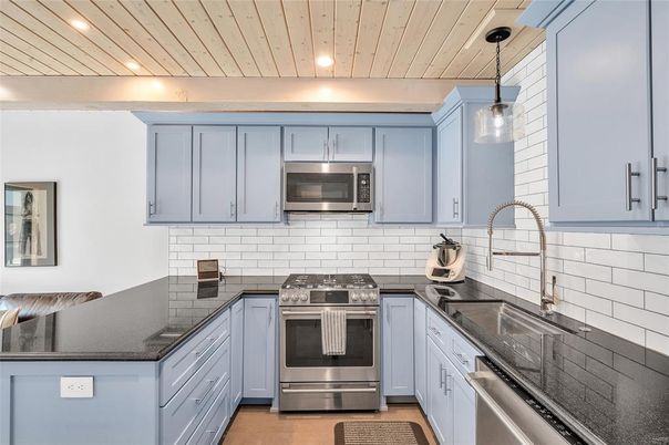 Interior, Kitchen, Pendant Lights, Recessed Lighting, Stainless Steel Appliances, Wooden Ceilings, Wood Texture Flooring