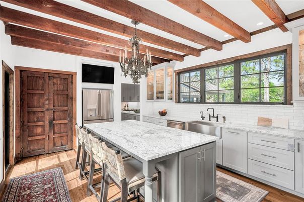 Chandelier, Interior, Kitchen, Stainless Steel Appliances, Wooden Beams, Wood Texture Flooring