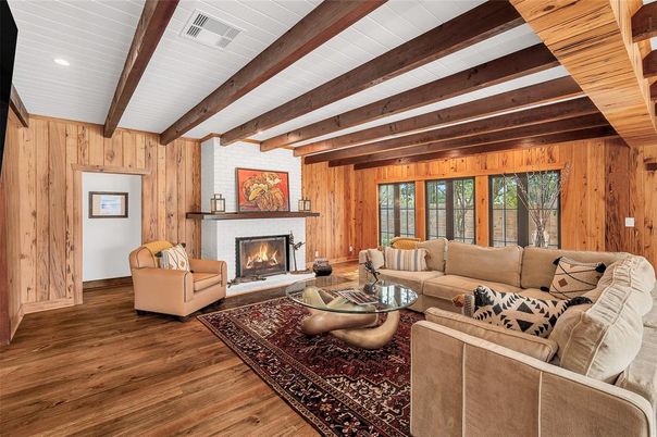 Fireplace, Interior, Living room, Recessed Lighting, Wooden Beams, Wood Texture Flooring, Wooden Walls