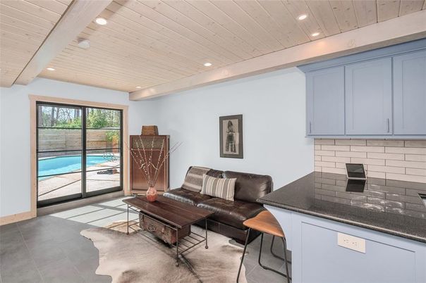 Fireplace, Interior, Living room, Recessed Lighting, Wooden Ceilings