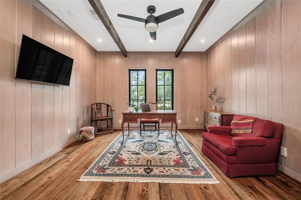 Home Office, Interior, Recessed Lighting, Wooden Beams, Wood Texture Flooring, Wooden Walls