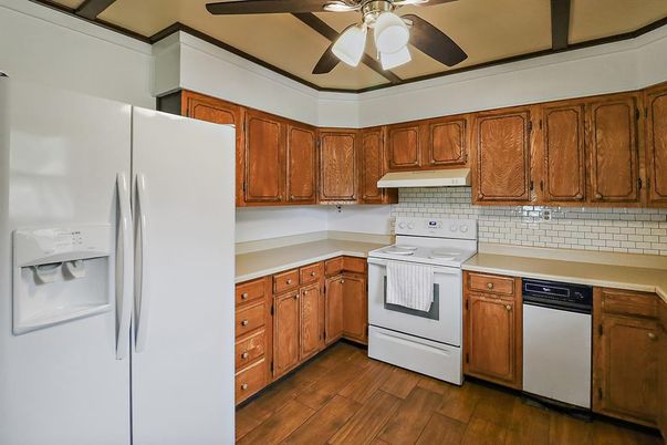 Interior, Kitchen, Tile Countertops, Wood Texture Flooring