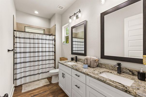 Bathroom, Dual Sink Vanities, Interior, Recessed Lighting, Wood Texture Flooring