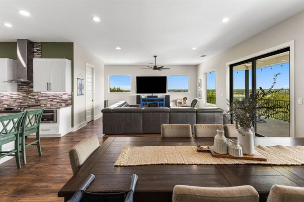Dining room, Interior, Living room, Recessed Lighting, Wood Texture Flooring