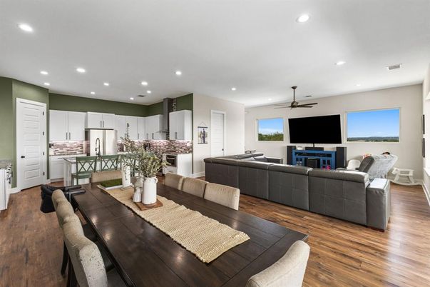 Dining room, Interior, Kitchen, Living room, Recessed Lighting, Wood Texture Flooring