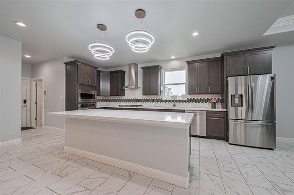 Interior, Kitchen, Marble, Pendant Lights, Recessed Lighting, Stainless Steel Appliances