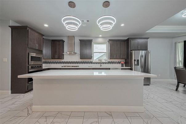 Interior, Kitchen, Marble, Pendant Lights, Recessed Lighting, Stainless Steel Appliances