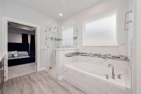 Bathroom, Bedroom, Glass Shower, Interior, Marble, Marble Walls, Recessed Lighting, Wood Texture Flooring