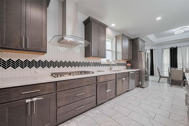 Dining room, Interior, Kitchen, Marble, Recessed Lighting, Stainless Steel Appliances