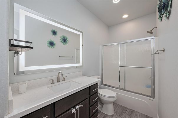 Bathroom, Glass Shower, Interior, Recessed Lighting, Wood Texture Flooring