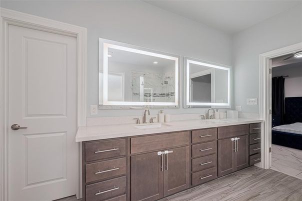 Bathroom, Dual Sink Vanities, Interior, Marble, Wood Texture Flooring