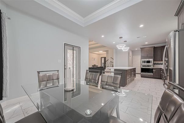Dining room, Interior, Kitchen, Marble, Pendant Lights, Recessed Lighting, Stainless Steel Appliances