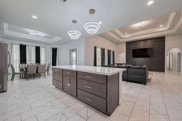 Dining room, Interior, Kitchen, Living room, Marble, Pendant Lights, Recessed Lighting