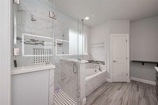 Bathroom, Glass Shower, Interior, Marble Walls, Recessed Lighting, Wood Texture Flooring