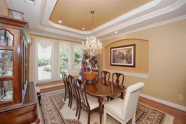 Chandelier, Dining room, Interior, Recessed Lighting, Wood Texture Flooring