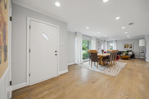 Dining room, Interior, Recessed Lighting, Wood Texture Flooring