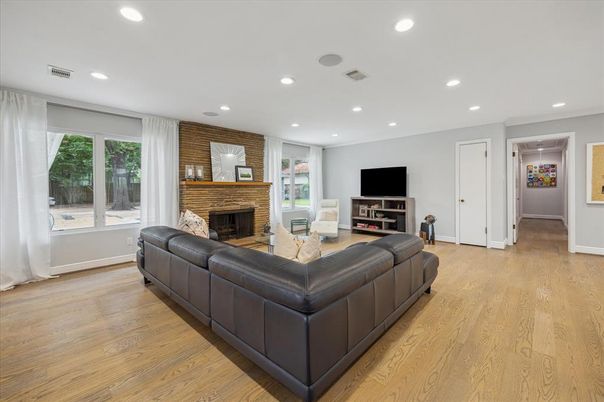 Fireplace, Interior, Living room, Recessed Lighting, Wood Texture Flooring