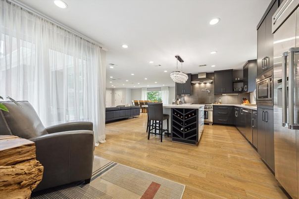 Chandelier, Interior, Kitchen, Recessed Lighting, Stainless Steel Appliances, Wood Texture Flooring