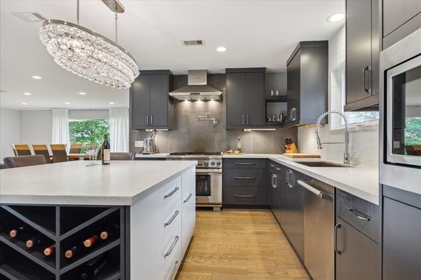 Chandelier, Interior, Kitchen, Pendant Lights, Recessed Lighting, Stainless Steel Appliances, Wood Texture Flooring