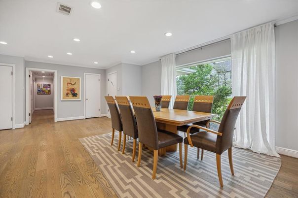 Dining room, Interior, Recessed Lighting, Wood Texture Flooring