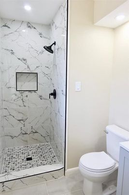 Bathroom, Glass Shower, Interior, Marble Walls, Recessed Lighting