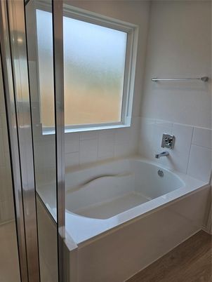 Bathroom, Glass Shower, Interior, Wood Texture Flooring
