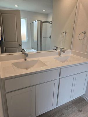 Bathroom, Dual Sink Vanities, Interior, Recessed Lighting, Wood Texture Flooring