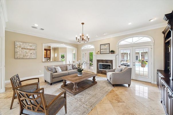 Chandelier, Fireplace, Interior, Living room, Recessed Lighting