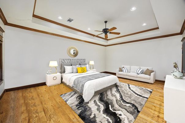 Bedroom, Interior, Recessed Lighting, Wood Texture Flooring