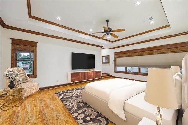 Bedroom, Interior, Recessed Lighting, Wood Texture Flooring