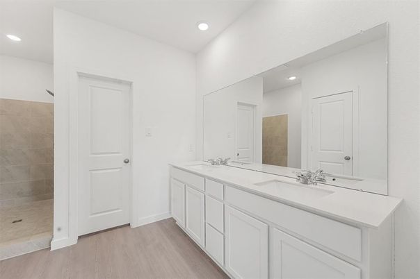 Bathroom, Dual Sink Vanities, Interior, Recessed Lighting, Wood Texture Flooring