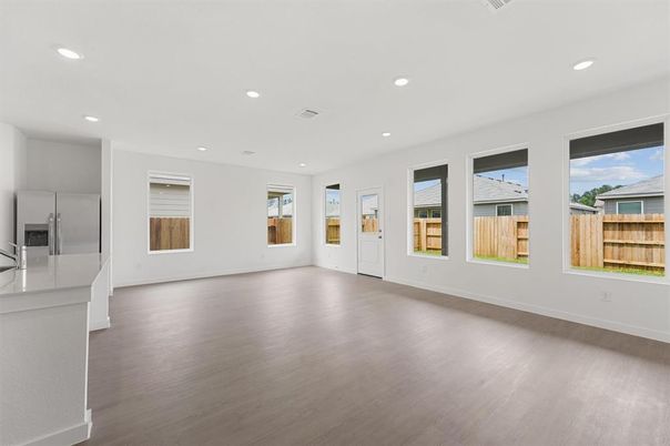 Empty room, Interior, Kitchen, Recessed Lighting, Wood Texture Flooring