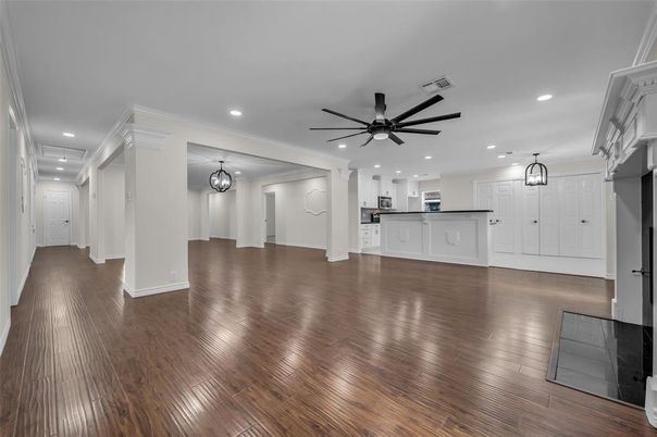 Chandelier, Empty room, Interior, Kitchen, Pendant Lights, Recessed Lighting, Wood Texture Flooring